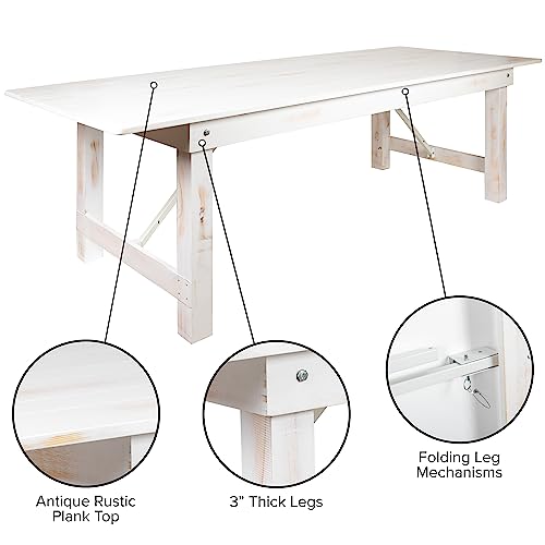 Hercules Commercial Grade Farmhouse Dining Table | Solid Pine Foldable Table for 10 in Antique Rustic White | Rustic Charm for Home and Events