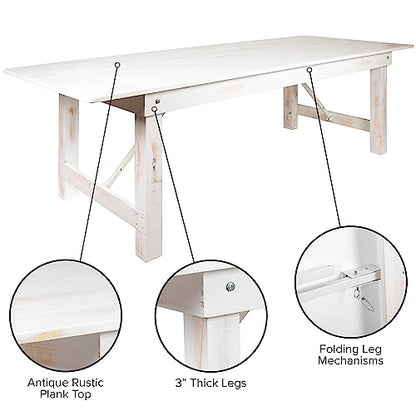 Hercules Commercial Grade Farmhouse Dining Table | Solid Pine Foldable Table for 10 in Antique Rustic White | Rustic Charm for Home and Events