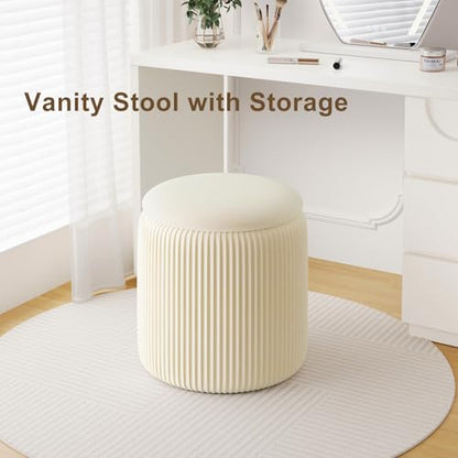 Beige Ottoman with Storage Set of 2, Upholstered Velvet Vanity Stool, Comfy Round Makeup Vanity Stools, Large Storage Ottoman Foot Rest, Pouf Seat for Living Room/Bedroom