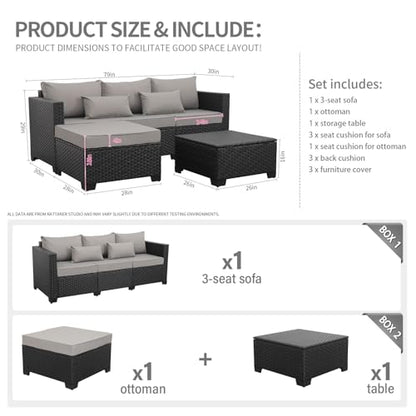 3 Pieces Patio Furniture Set Outdoor Sectional Wicker Patio Furniture Patio Couch with Ottoman and Outdoor Storage Table All-Weather Anti-Slip Cushions Waterproof Covers, Light Grey