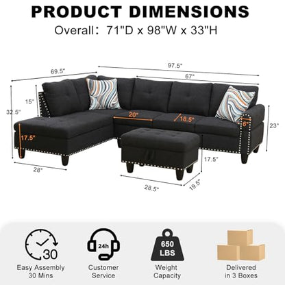 Sectional Sofa Couch, Modern 4-Seaters Living Room Furniture Sets with Chaise Lounge, Ottoman & 2 Pillows | L Shape Couch | Cup Holder | Linen Fabric, Charcoal Gray