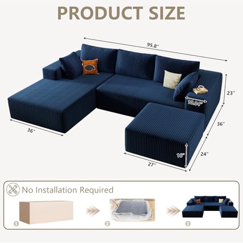 96" Cloud Sectional Couch with U-Shaped Chaise, Corduroy Sectional Sofa with Ottoman, Boneless Couch with Deep Seat in a Box for Living Room, No Assembly Required (Blue, Left Facing Chaise)