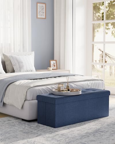 SONGMICS MAZIE Collection - 43 Inches Folding Storage Ottoman Bench, Ottoman Foot Rest, End of Bed Bench, Storage Chest, Load 660 lb, for Living Room, Bedroom, Entryway, Midnight Blue ULSF77IN
