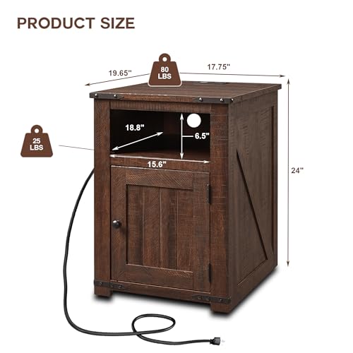 Nightstand with Charging Station, 20" Farmhouse End Table w/Groove Barn Door, Rustic Wood Sofa Side Bedside Table w/Open & Adjustable Shlef for Bedroom, Living Room, Brown