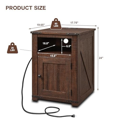 Nightstand with Charging Station, 20" Farmhouse End Table w/Groove Barn Door, Rustic Wood Sofa Side Bedside Table w/Open & Adjustable Shlef for Bedroom, Living Room, Brown