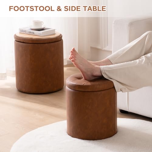 Round faux leather ottoman with storage, brown, view 4