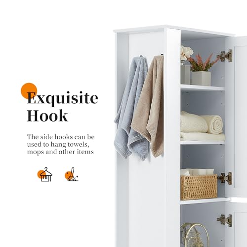 68 Inch Bathroom Storage Cabinet with Adjustable Shelves, White | White MDF, bathroom or utility room, side hook, 2-door cabinet, metal handles, anti-tip kit, 21 in W, 14 in D, 68 in H
