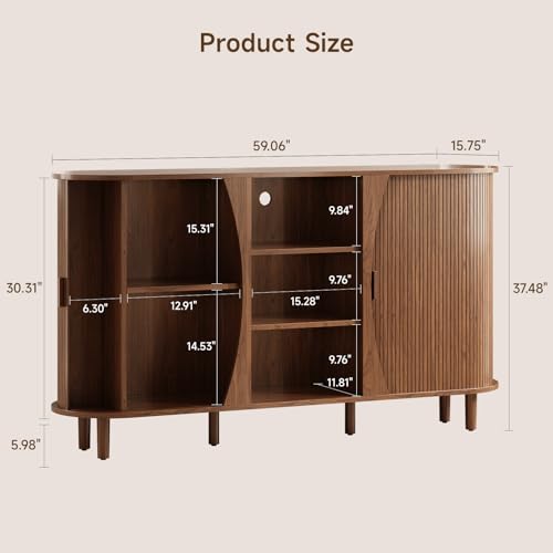 59" Curved Sideboard Cabinet with Storage Adjustable Shelf Walnut, view 3