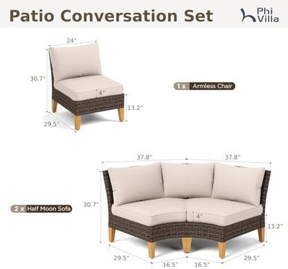 3-Piece Wicker Patio Furniture Set, Outdoor Curved Sectional Sofa Conversation Set with Cushions, Half-Moon Modular Couch for Garden, Deck, Backyard, Beige