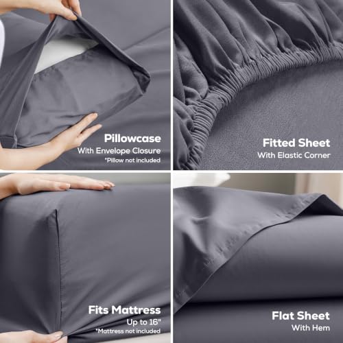 Queen Sheets Set, 4 Pieces 16" Deep Pocket Hotel Luxury Bed Sheets, Grey, view 5