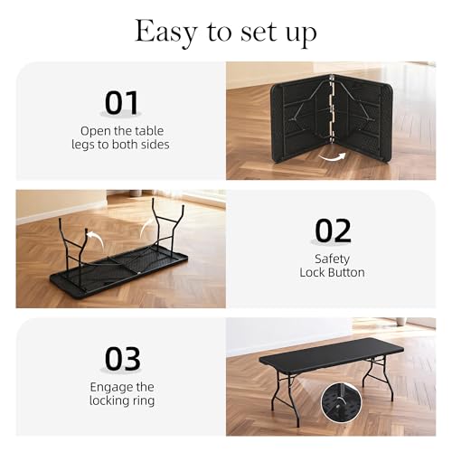 6FT Folding Table with Carrying Handle: Upgrade Thickened Heavy Duty Portable Foldable Table | Plastic Folding Tables for Party, Dining, Wedding, Events, Picnic Indoor, Outdoor, Camping, Utility Black