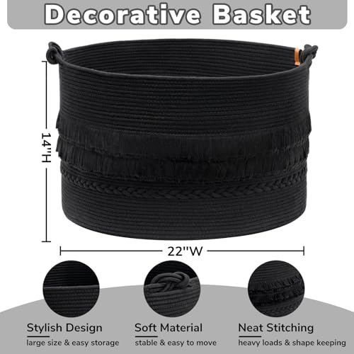 Large Blanket Basket Living Room, Laundry Basket With Tassel, 90L | Woven Storage Basket for Toys, Clothes & Pillows Storage，Bedroom Nursery Décor, Laundry Hamper With Handles, Black