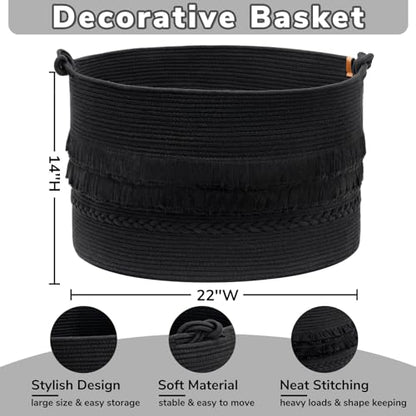 Large Blanket Basket Living Room, Laundry Basket With Tassel, 90L | Woven Storage Basket for Toys, Clothes & Pillows Storage，Bedroom Nursery Décor, Laundry Hamper With Handles, Black