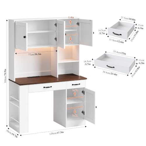 71" Tall Computer Desk with Hutch, LED & Charging Station, White, view 4