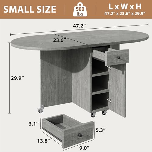 Round Folding Dining Table for 4, Space Saving Drop Leaf Kitchen Table with Storage Drawer, 6 Wheels Oval Gateleg Foldable Dining Table for Small Spaces(Grey 47 * 23.6 * 30)