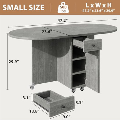 Round Folding Dining Table for 4, Space Saving Drop Leaf Kitchen Table with Storage Drawer, 6 Wheels Oval Gateleg Foldable Dining Table for Small Spaces(Grey 47 * 23.6 * 30)