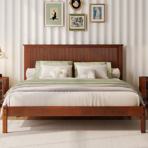 JIVOIT Queen Size Solid Rubber Wood Platform Bed with Wave-Styled Headboard, view 2