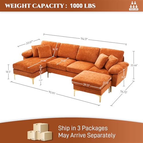 U-Shaped Sectional Sofa Couch, 4 Seat Sofa Set for Living Room, Convertible L-Shaped Velvet Couch Set with Chaise Lounge, Ottoman and Pillows,114 inches (Orange)