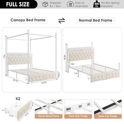 Full Size LED Canopy Bed Frame with Storage & Charging Station, Beige, view 4