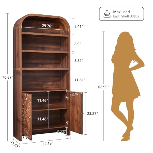 70" Tall Arched Bookcase, 6-Tier Bookshelf with Floral Storage (Walnut), view 3