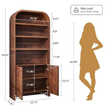 70" Tall Arched Bookcase, 6-Tier Bookshelf with Floral Storage (Walnut), view 3