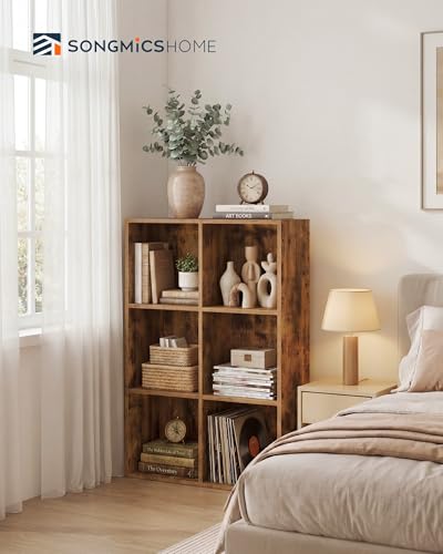 Bookshelf, Storage Shelf with 6 Open Compartments, Bookcase Organizer Unit for Home Office, Living Room, Dining Room, Brown