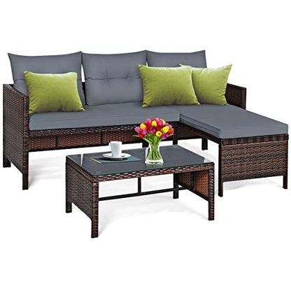 Patio Corner Sofa Set 3 Piece, Outdoor Rattan Sofa Set, Includes Lounge Chaise, Loveseat & Coffee Table, Patio Garden Poolside Lawn Backyard Furniture