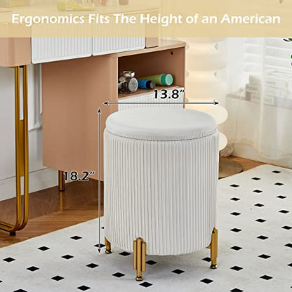 Round Ottoman Foot Stool with Storage and Metal Legs for Living Room Bedroom, Velvet Upholstered Footrest Stool Support 300lbs Modern Padded Seat Ottoman Coffee Table (Cream)