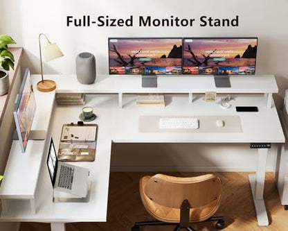 Electric L Shaped Standing Desk, 59 Inch Height Adjustable Stand Up Desk with Power Outlets ＆ Full Monitor Stand, Reversible Corner Desk for Home Office ＆ Computer Workstation, White