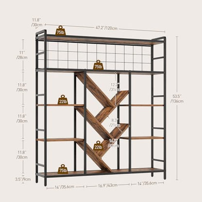 Triple 5-Tier Bookshelf, Industrial Large Bookcase with 14 Open Display Shelves, Modern Tree Bookcase with Metal Frame and Hanging Function for Living Room, Home Office, Rustic Brown and Black