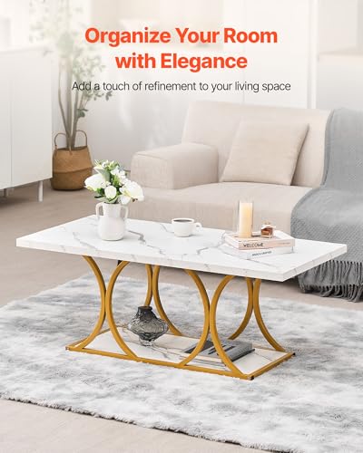 Coffee Table, Modern Faux Marble Coffee Table, Large 2-Tier Rectangle Center Desk with Geometric Legs, Minimalist Sturdy Metal Frame Accent End Desk for Living Room, Office, Easy Assembly, White