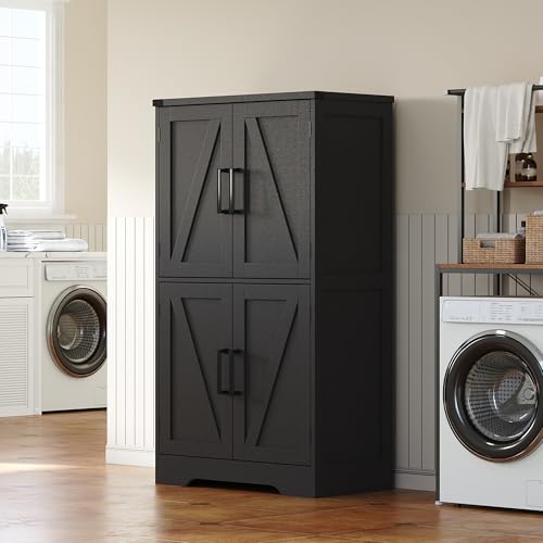 Bathroom Floor Cabinet, Farmhouse Bathroom Storage Cabinet with Doors and Adjustable Shelves, Freestanding Kitchen Pantry Cabinet, Cupboard for Living Room, Dining Room, Black