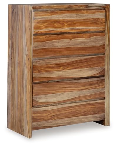 Signature Design by Ashley Dressonni Farmhouse 5-Drawer Chest of Drawers with Beveled Edge and Felt Lining, Light Brown