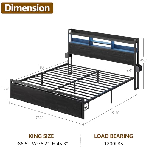 King Size Bed Frame with 2 Drawers and Storage Headboard Black, Charging Station, view 3