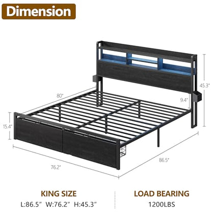 King Size Bed Frame with 2 Drawers and Storage Headboard Black, Charging Station, view 3