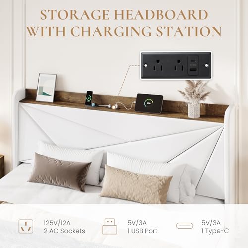 King Bed Frame, Storage Headboard with Drawers, Charging, White, view 5