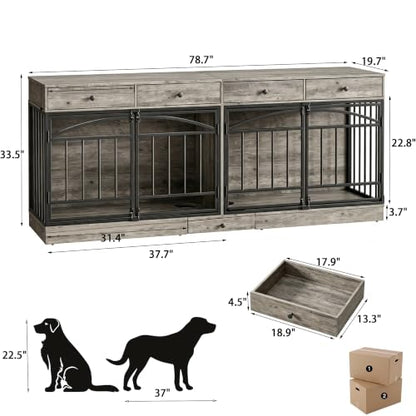78.7" Dog Crate Furniture for 2 Dogs with 4 Drawers, Grey, view 3