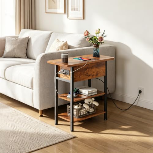 3-Tier End Table with Charging Station, Flip Top Narrow Side Table with Storage Shelf, Small Nightstand with USB Ports and Outlets,Bedside Table for Living Room, Bedroom