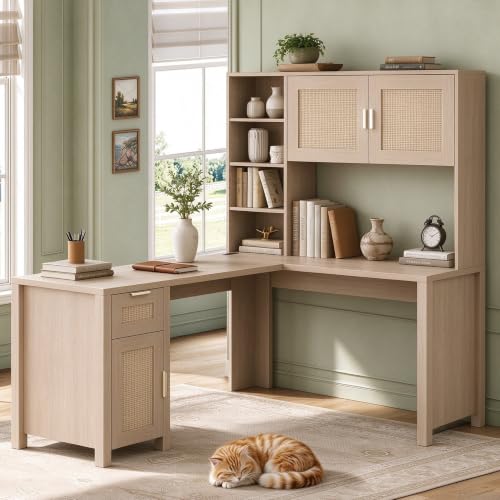 L Shaped Desk with Hutch, Corner Desk with Storage, Wood, view 2