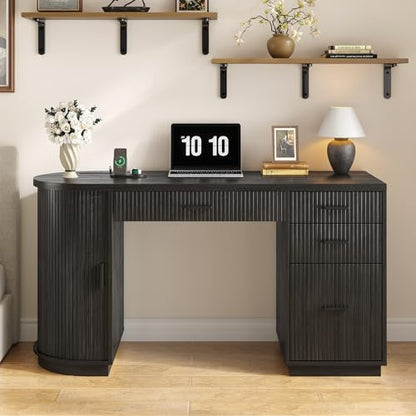 58 Inch Fluted Executive Desk, Computer Desk with Storage Drawers & File Drawer, Modern Home Office Desk with Charging Station for Working, Studying, Writing, Black
