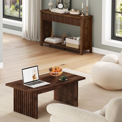 Coffee Table for Living Room, 43Inch Farmhouse Wood Center Table, Rectangle Mid-Century Living Room Tables, Unique Fluted Panel Coffee Tables (Rustic Oak)