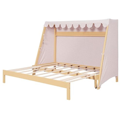 JIVOIT Twin XL Bed with Twin XL Trundle, Storage Shelf, Space-Saving Extendable Platform Bed with Pink Plaid Tent for Double, No Box Spring Required (Natural,22)