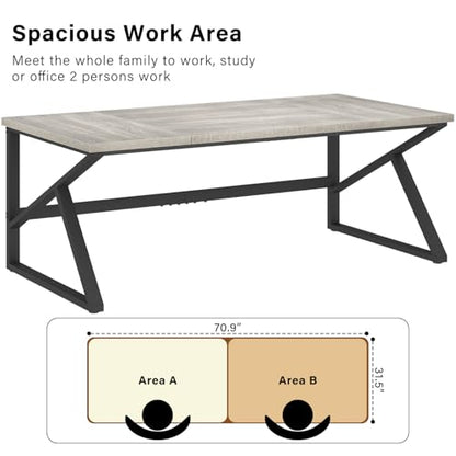 70 Inch Long Grey Desk, Large Home Office Computer Desk for 2 People, Industrial Wood and Metal Executive Work Writing Study Gaming Desk Table, Modern Bedroom Simple PC Laptop Desk Double Desk