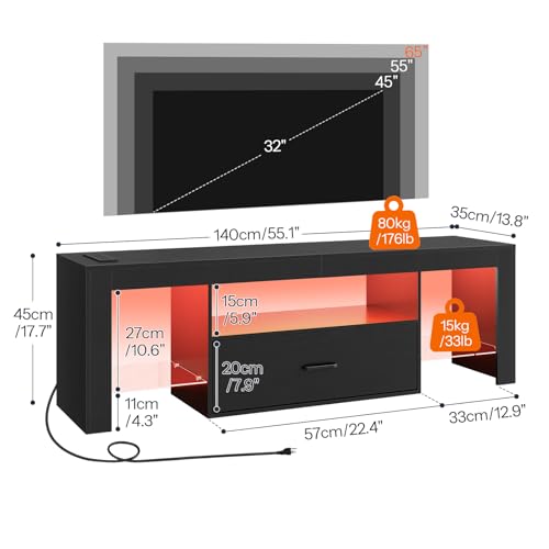 LED TV Stand with Power Outlets to 65 inch TV, Gaming Entertainment Center with Glass Shelves and Large Drawer, Modern Media TV Console Table for Living Room Bedroom, Black BB14UDDS01G1