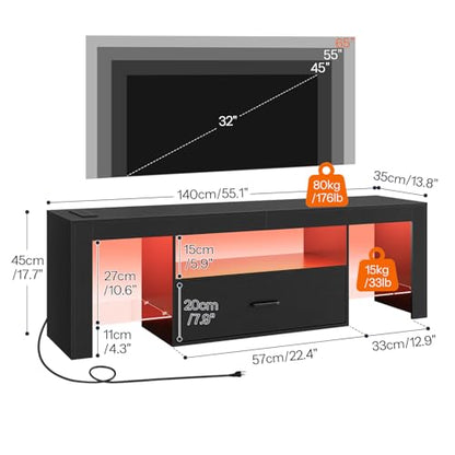 LED TV Stand with Power Outlets to 65 inch TV, Gaming Entertainment Center with Glass Shelves and Large Drawer, Modern Media TV Console Table for Living Room Bedroom, Black BB14UDDS01G1