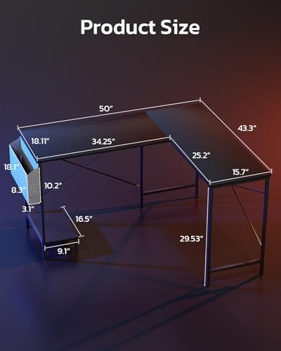 L Shaped Desk - 50" Reversible Home Office Computer Desk, Wood Top, Metal Frame, Side Bag, Sturdy Gaming Desk Corner Table for Work, Writing and Study, Space-Saving