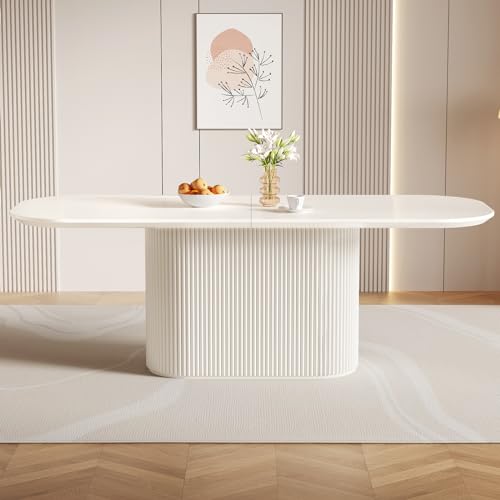 86.61" Large Cream White Dining Table with Strong Pedestal Modern Oval Dining Room Table for 8 People Cream Kichen Table for Dining&Kichen Room Furniture