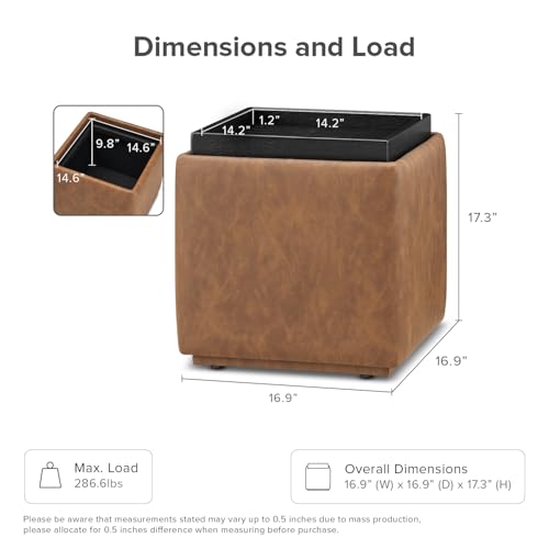 Levi Storage Ottoman with Reversible Tray, Modern Square Chest Coffee Table, Upholstered Cube Sitting Foot Stools Ottoman for Living Room, Bedroom, Entryway (Faux Leather, Pecan Brown)