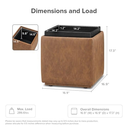 Levi Storage Ottoman with Reversible Tray, Modern Square Chest Coffee Table, Upholstered Cube Sitting Foot Stools Ottoman for Living Room, Bedroom, Entryway (Faux Leather, Pecan Brown)