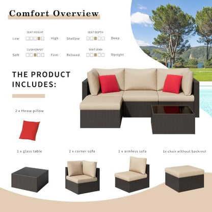 5 Pieces Patio Furniture Sets Outdoor All-Weather Sectional Patio Sofa Set PE Rattan Manual Weaving Wicker Patio Conversation Set with Glass Table&Ottoman Cushion and Red Pillows, Beige